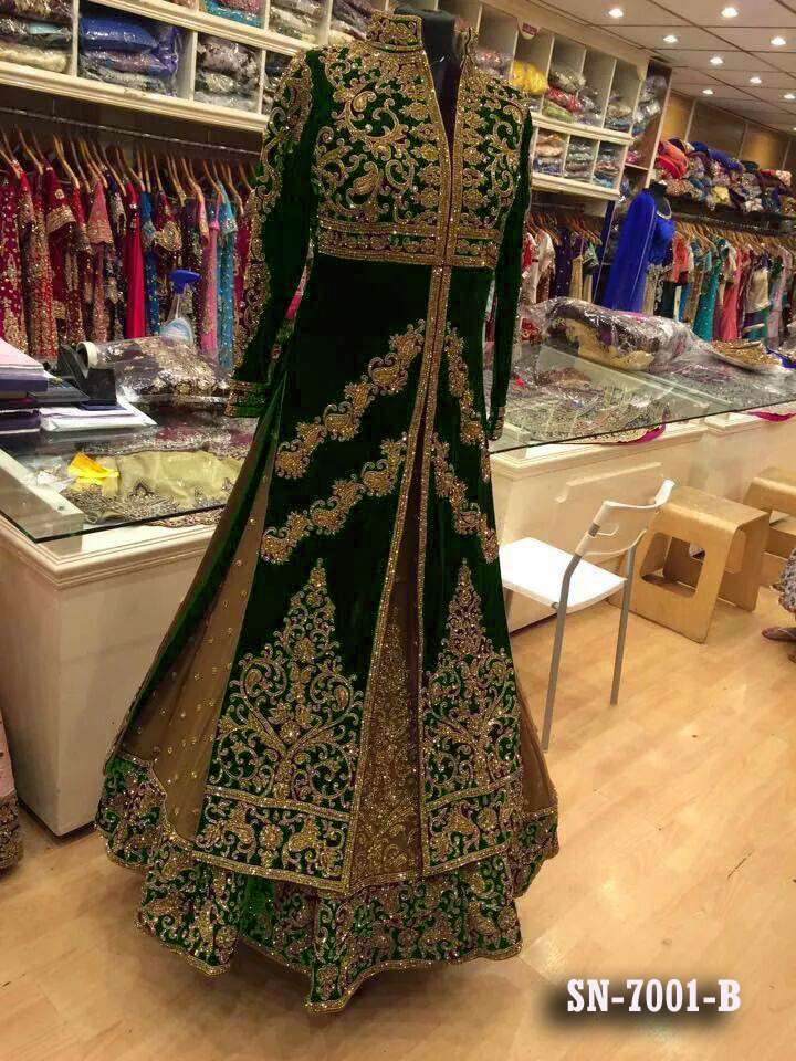 ATTRACTING GREEN DESIGNER INDIAN WOMEN TRADITIONAL FASHION VELVET FABRIC OCCASIONALLY PARTY COLLECTION ANARKALI WEDDING WEAR BRIDAL DRESS SINGLE PIECE WHOLESALER FROM SURAT AT BEST PRICE